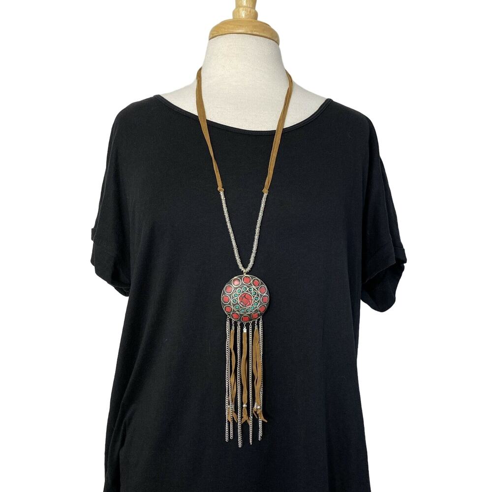 SHIRALEAH New Catrine Tribal Leather Necklace Silver Pink Turquoise Anthro